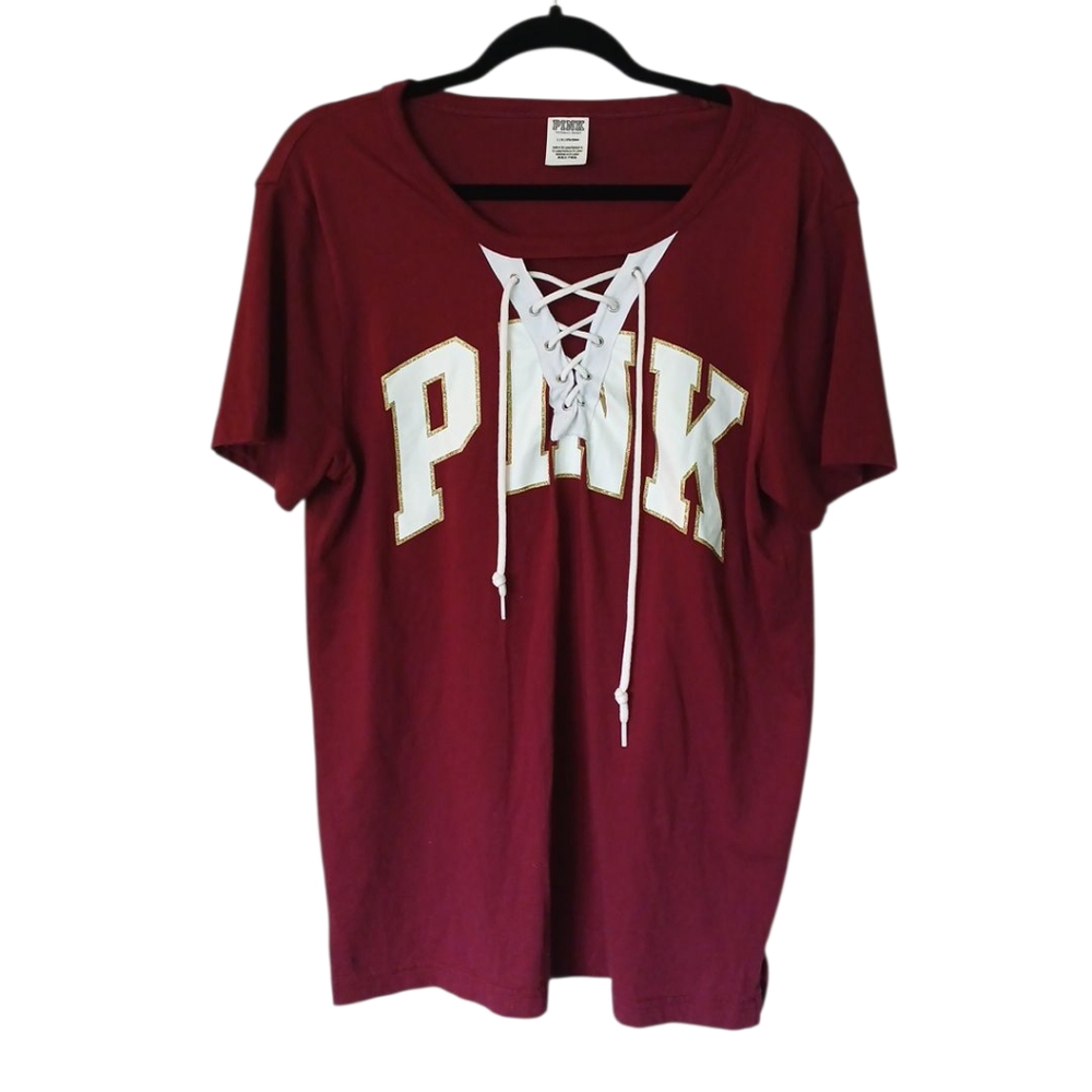 PINK Victoria's Secret 2018 Sparkle Logo Lace Up Tshirt Size Large